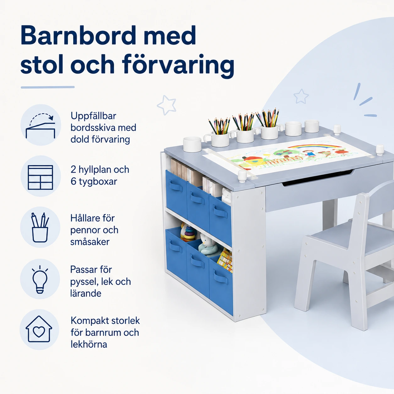 Barnbord med stol och förvaring för pyssel och lek