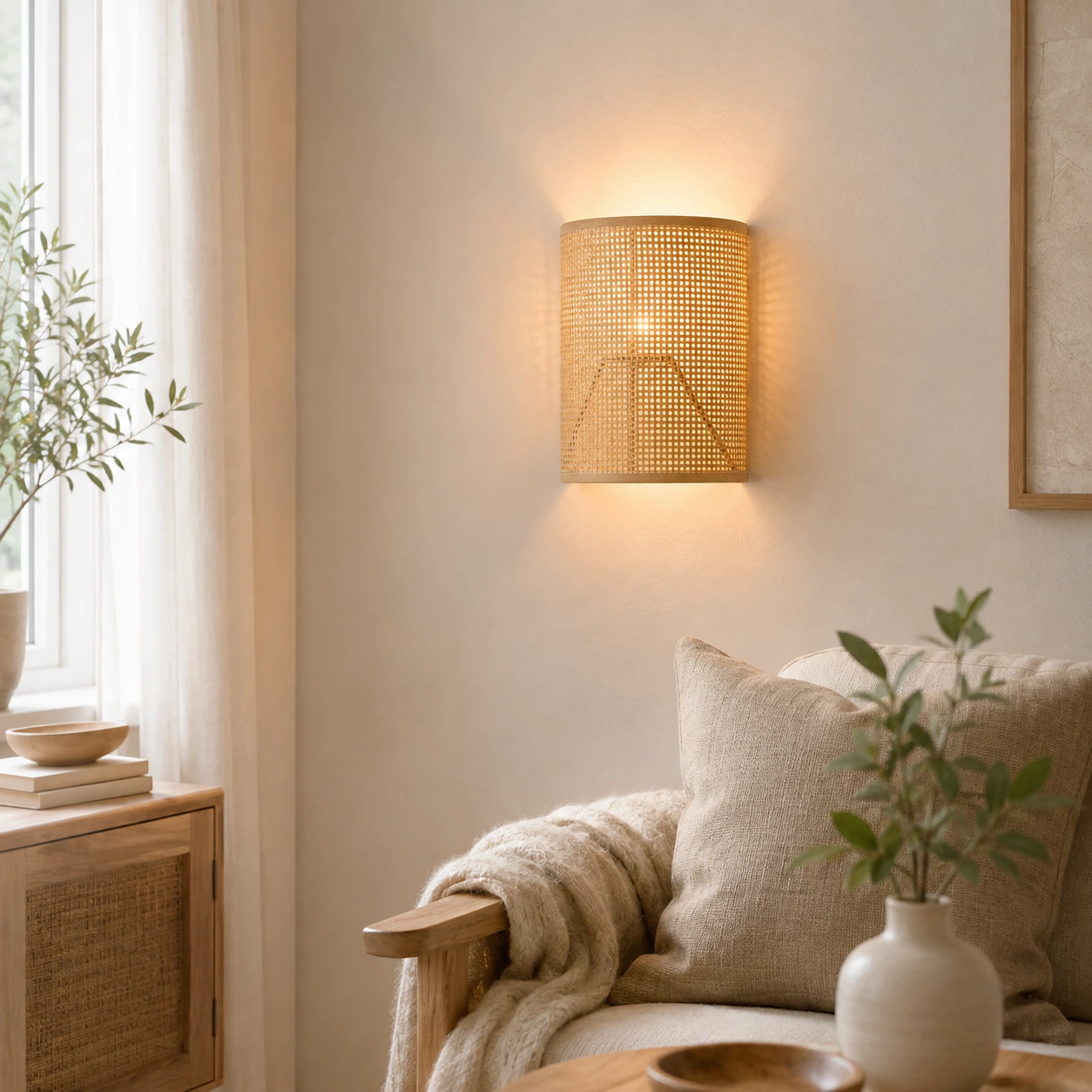 Vägglampa för inomhusbruk med E27-fäste och naturfärgad skärm