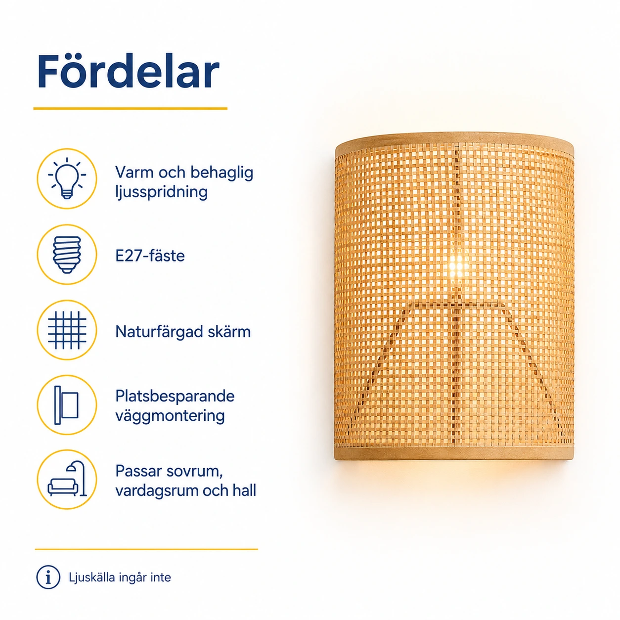 Vägglampa för inomhusbruk med E27-fäste och naturfärgad skärm