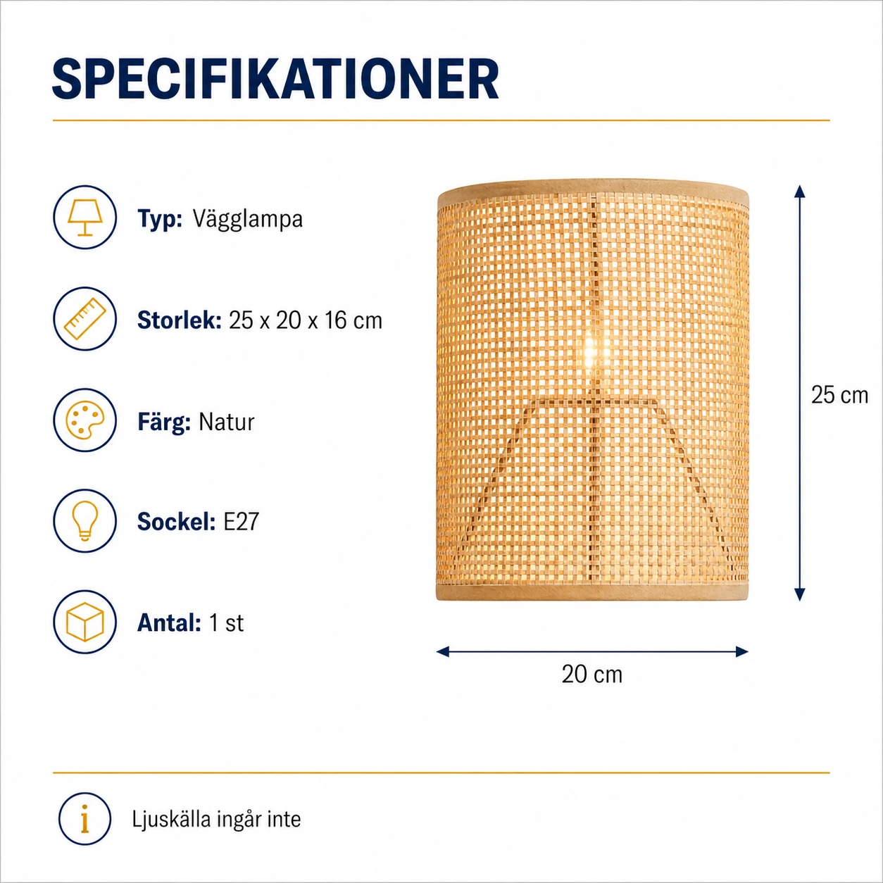 Vägglampa för inomhusbruk med E27-fäste och naturfärgad skärm