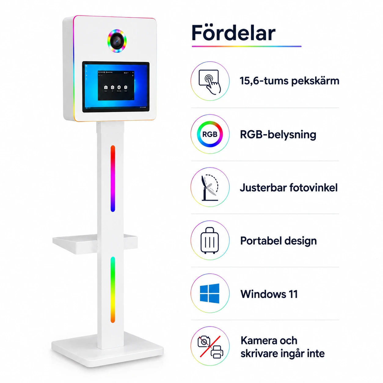 Fotobås på stativ med 15,6-tums skärm och RGB-belysning