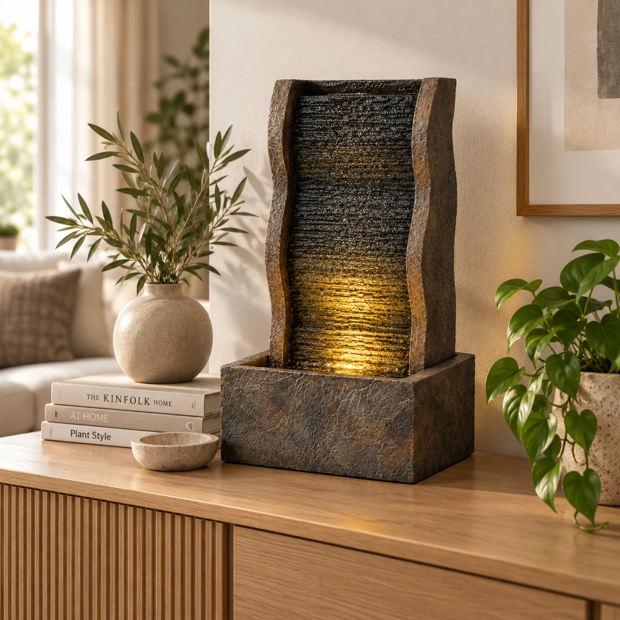 Bordsfontän för inomhusbruk med LED-belysning