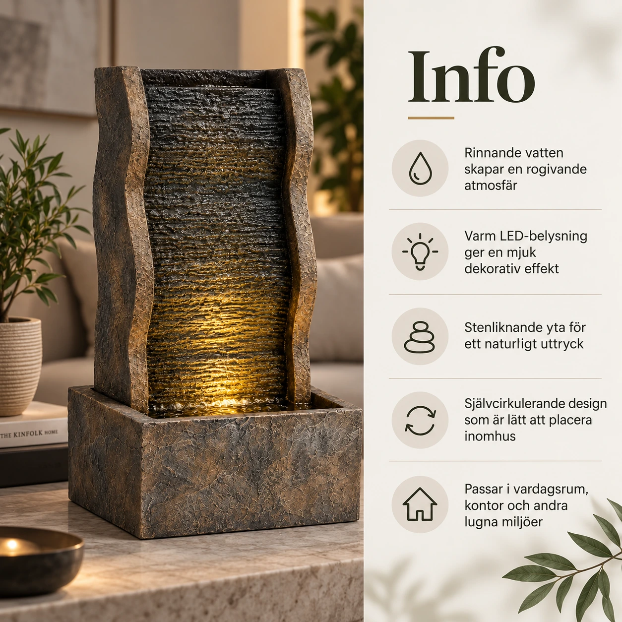 Bordsfontän för inomhusbruk med LED-belysning