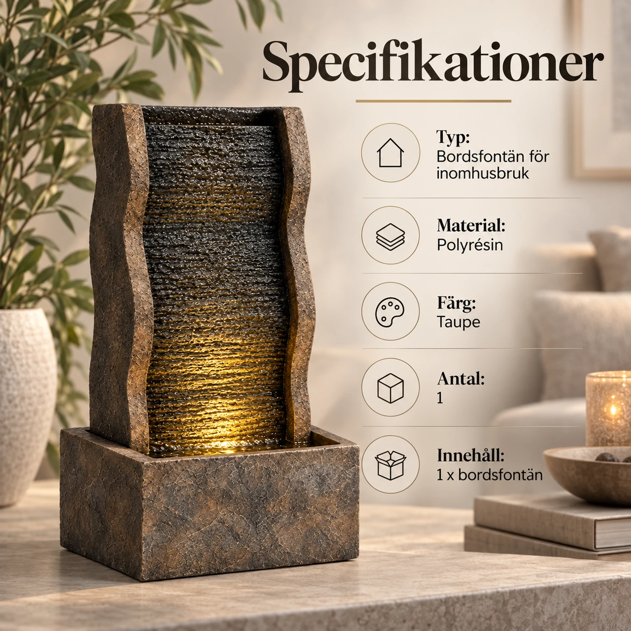 Bordsfontän för inomhusbruk med LED-belysning