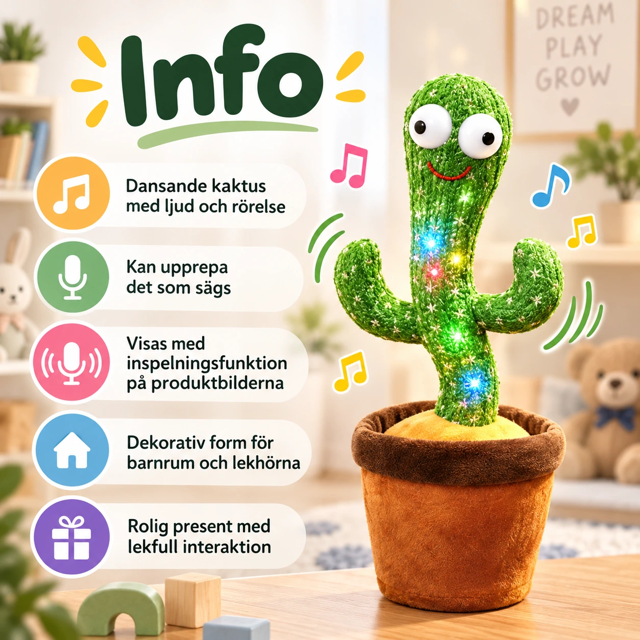 Dansande kaktusleksak med ljus och talupprepning