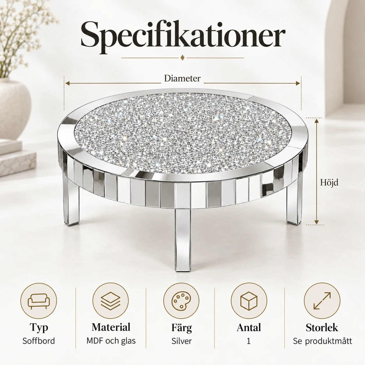 Pyöreä sohvapöytä peilipinnalla, hopea
