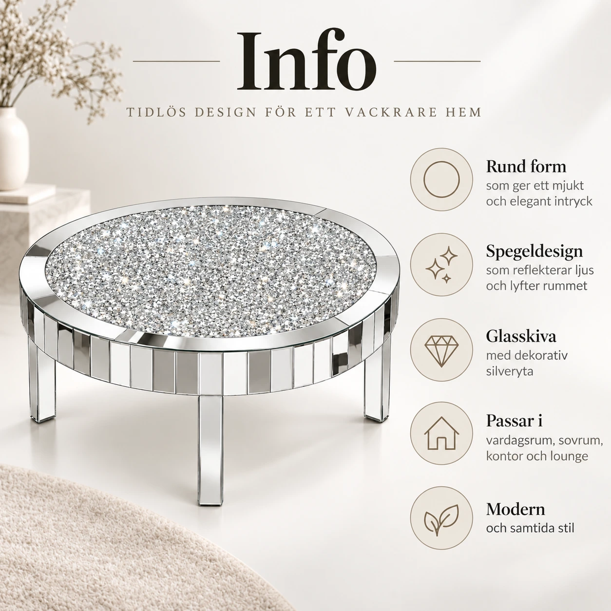 Runt soffbord för vardagsrum med spegelyta, silver