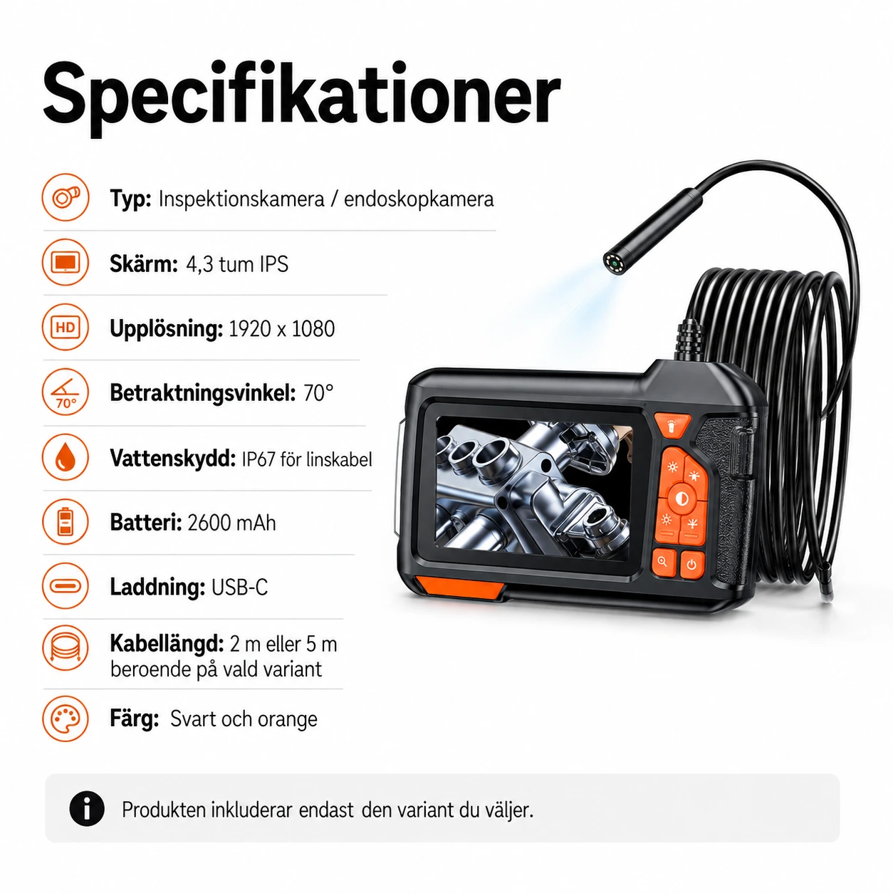Inspektionskamera med skärm för rör och fordon