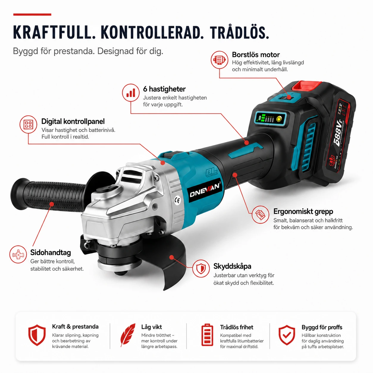 Vinkelslip Batteridriven 125 mm – 6 Hastigheter