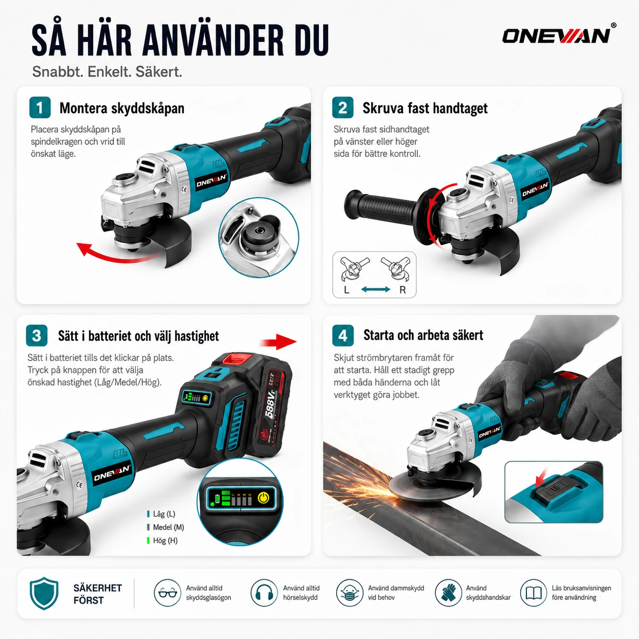 Vinkelslip Batteridriven 125 mm – 6 Hastigheter
