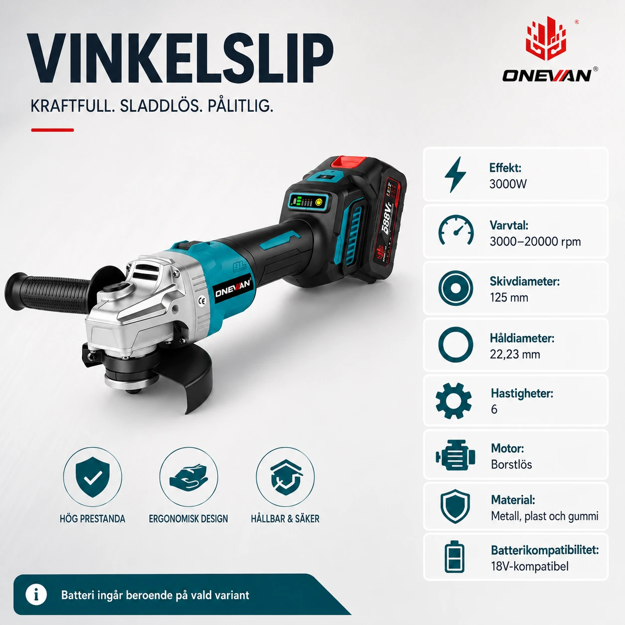 Vinkelslip Batteridriven 125 mm – 6 Hastigheter