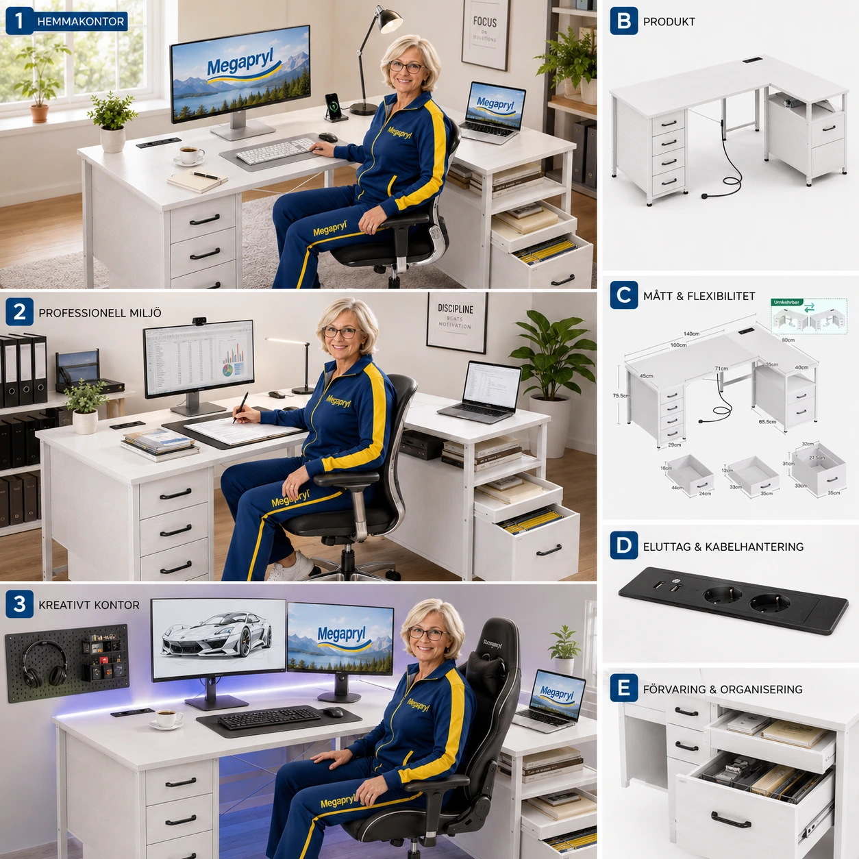 Skrivbord L-format med Eluttag och Tyglådor