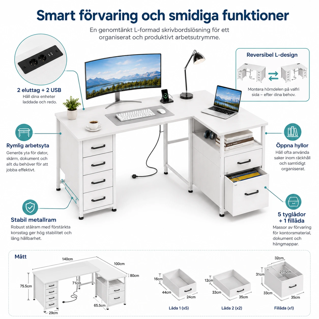 Skrivbord L-format med Eluttag och Tyglådor