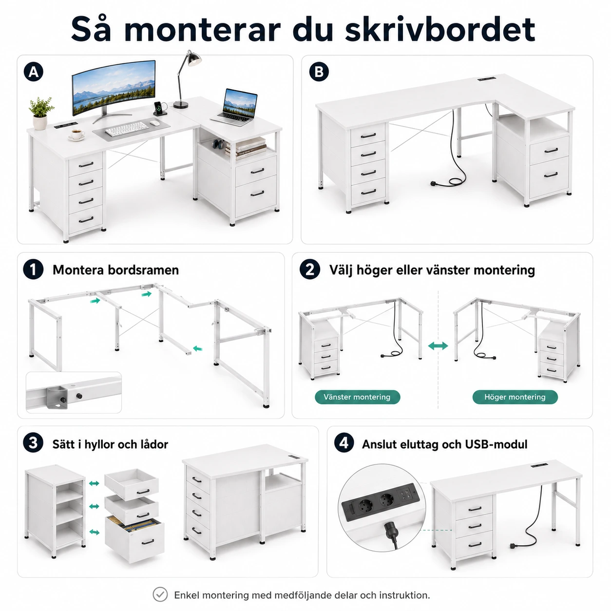 Skrivbord L-format med Eluttag och Tyglådor