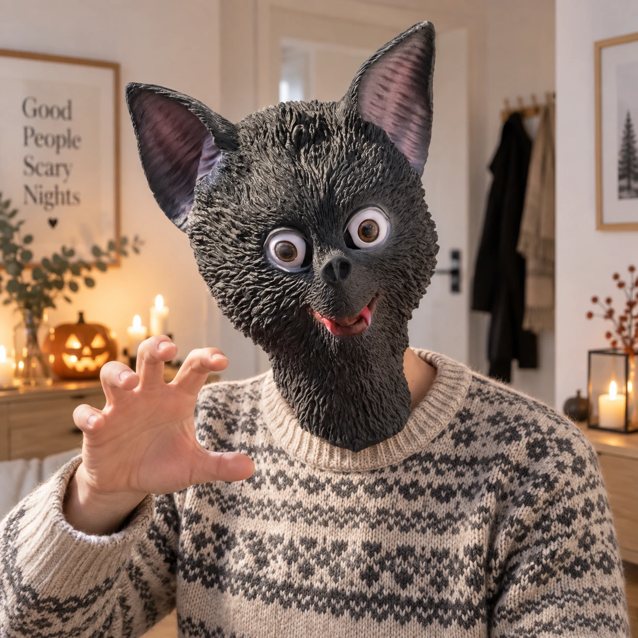 Grå Fladdermus Latexmask med Stora Ögon