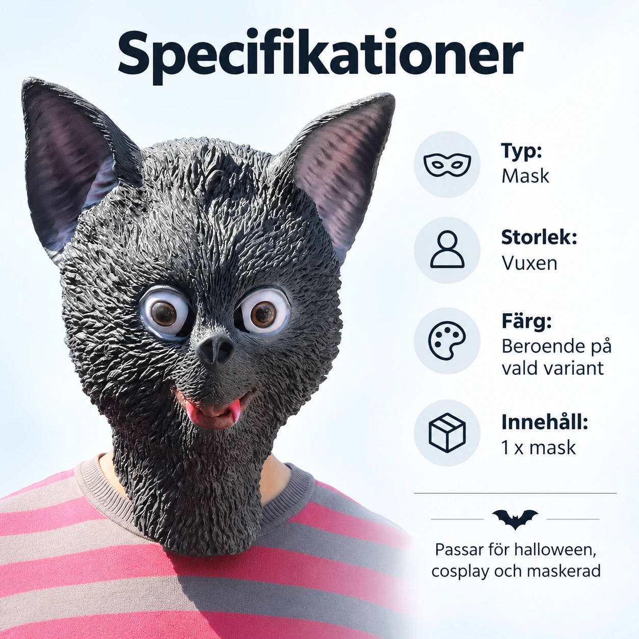 Grå Fladdermus Latexmask med Stora Ögon