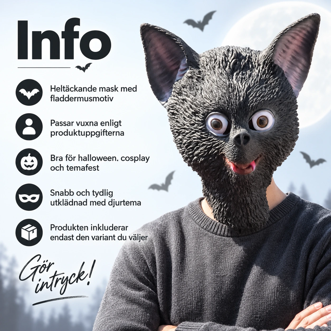 Grå Fladdermus Latexmask med Stora Ögon