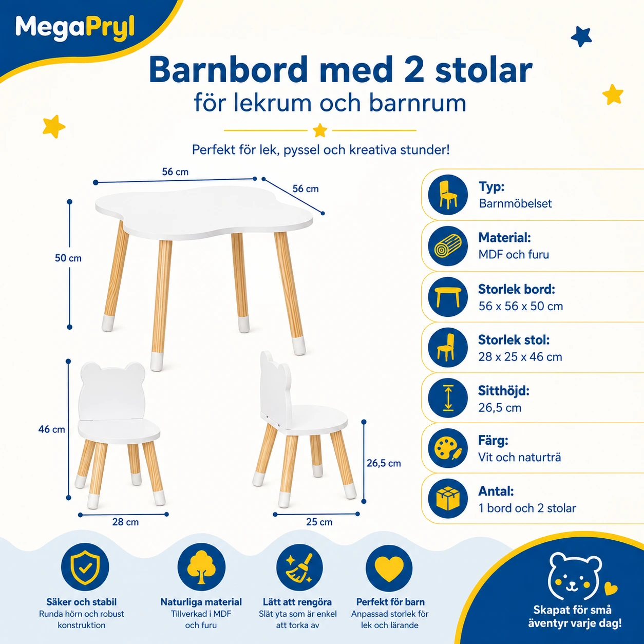 Barnbord med 2 stolar för lekrum och barnrum