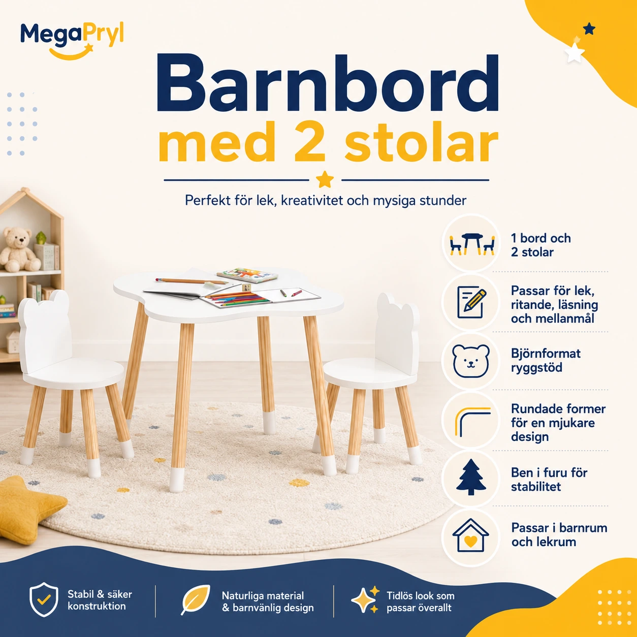 Barnbord med 2 stolar för lekrum och barnrum