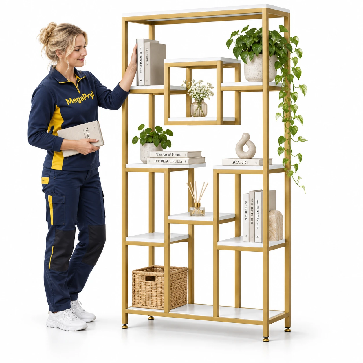 Bokhylla med 11 öppna hyllor, vit och guld