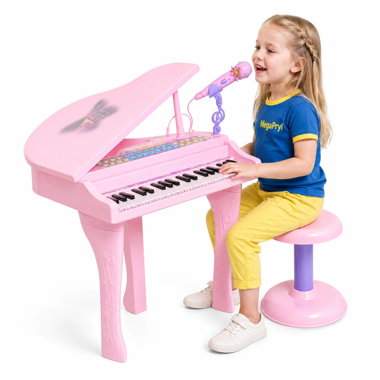 Barnpiano med mikrofon och pall, 37 tangenter