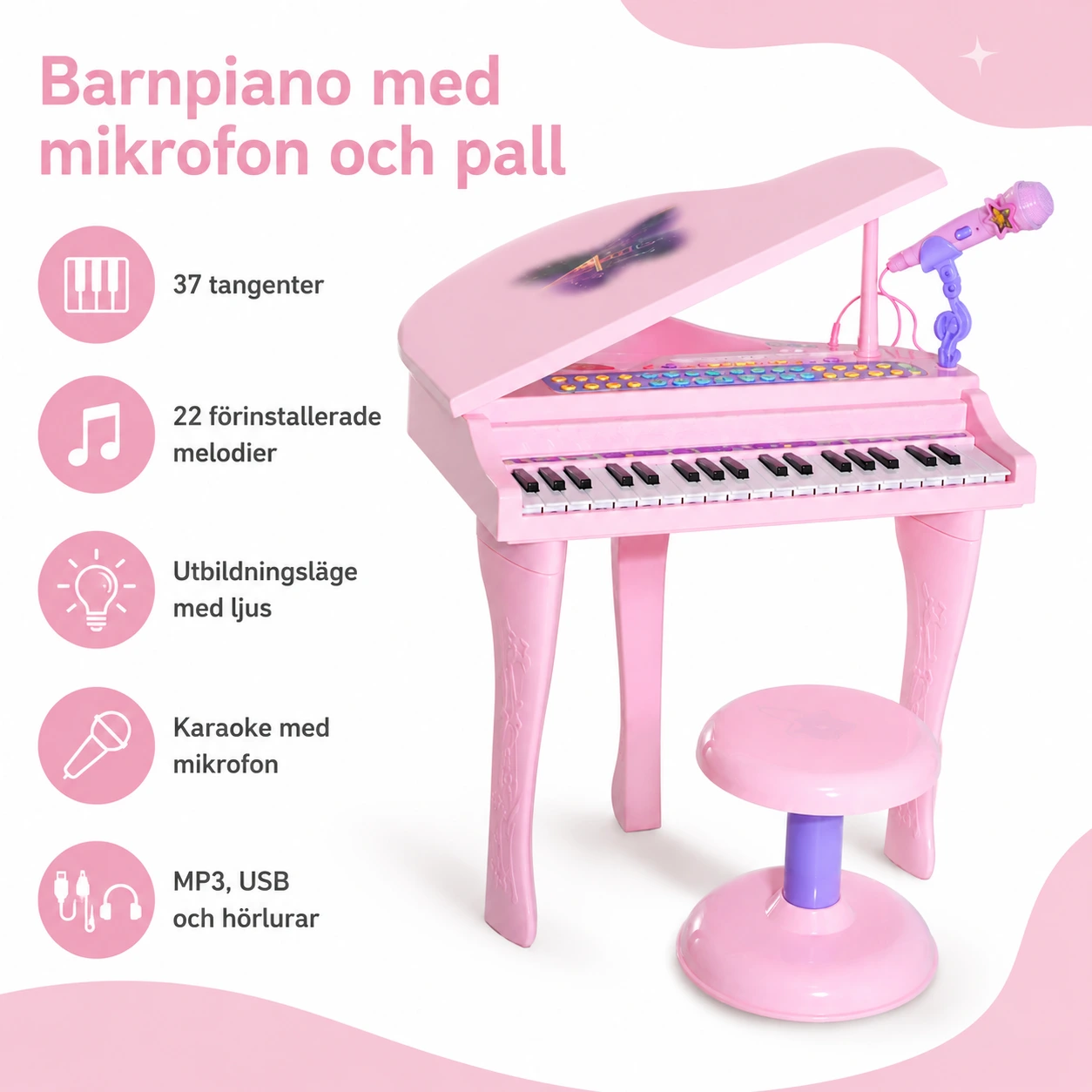 Barnpiano med mikrofon och pall, 37 tangenter
