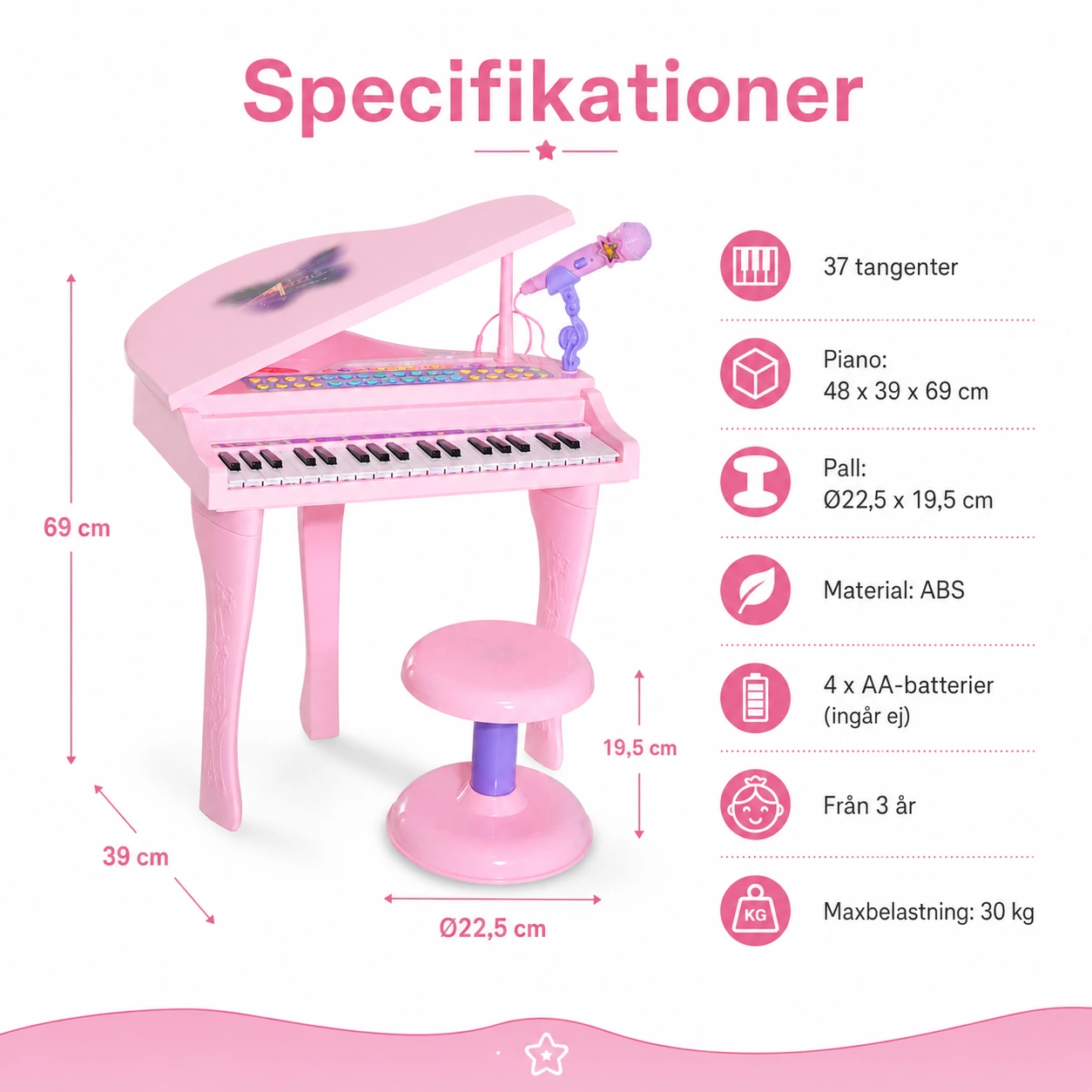 Barnpiano med mikrofon och pall, 37 tangenter