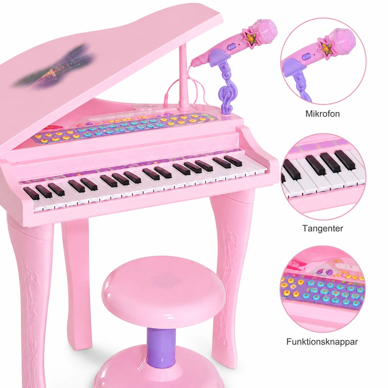 Barnpiano med mikrofon och pall, 37 tangenter