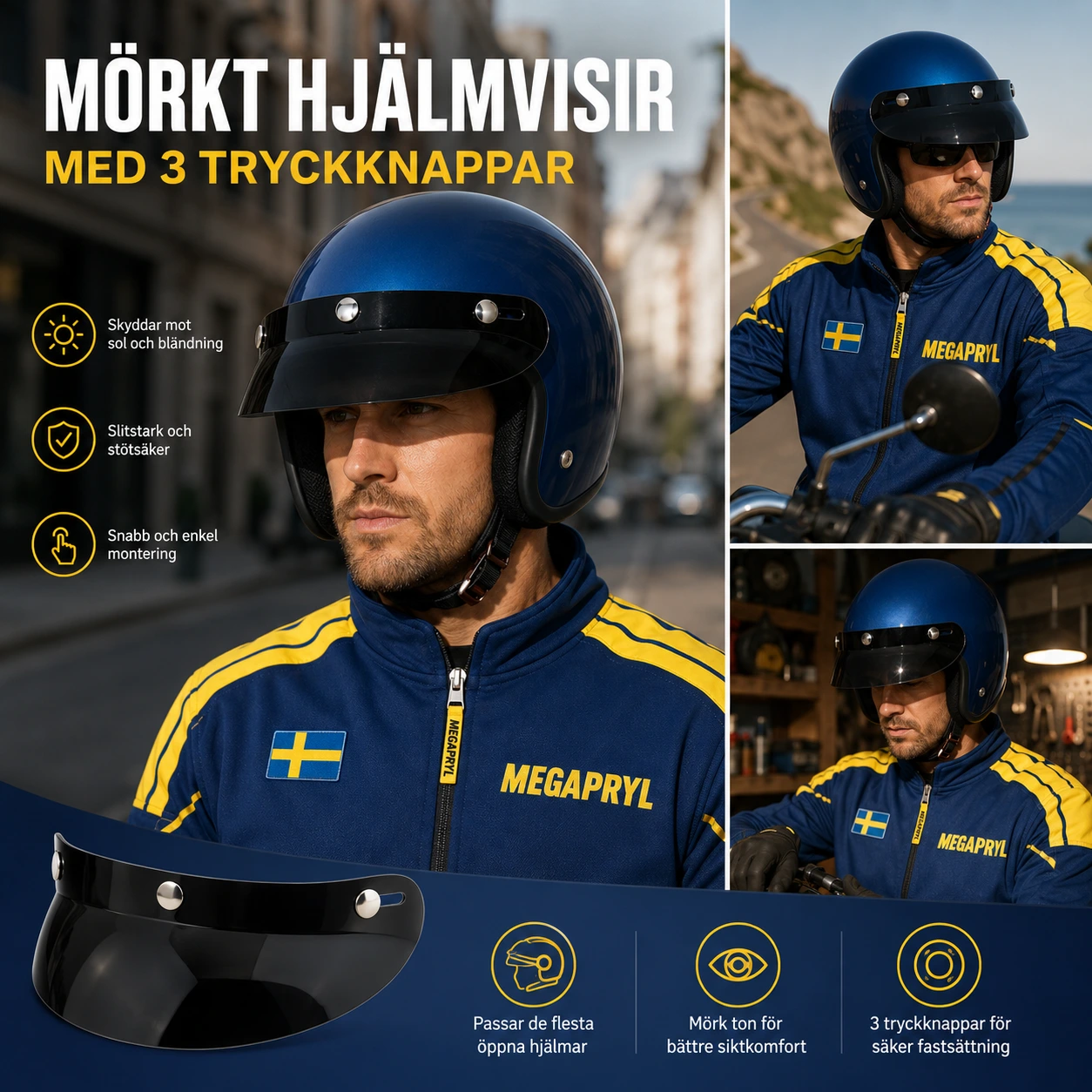 Mörkt Hjälmvisir med 3 Tryckknappar