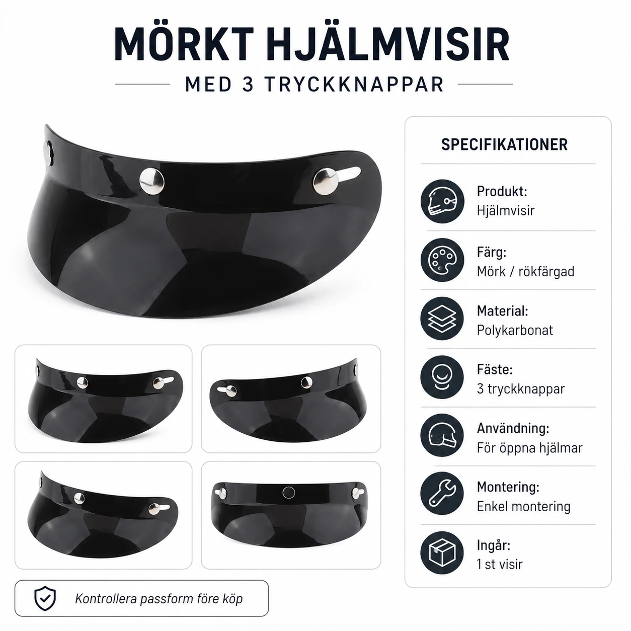 Mörkt Hjälmvisir med 3 Tryckknappar