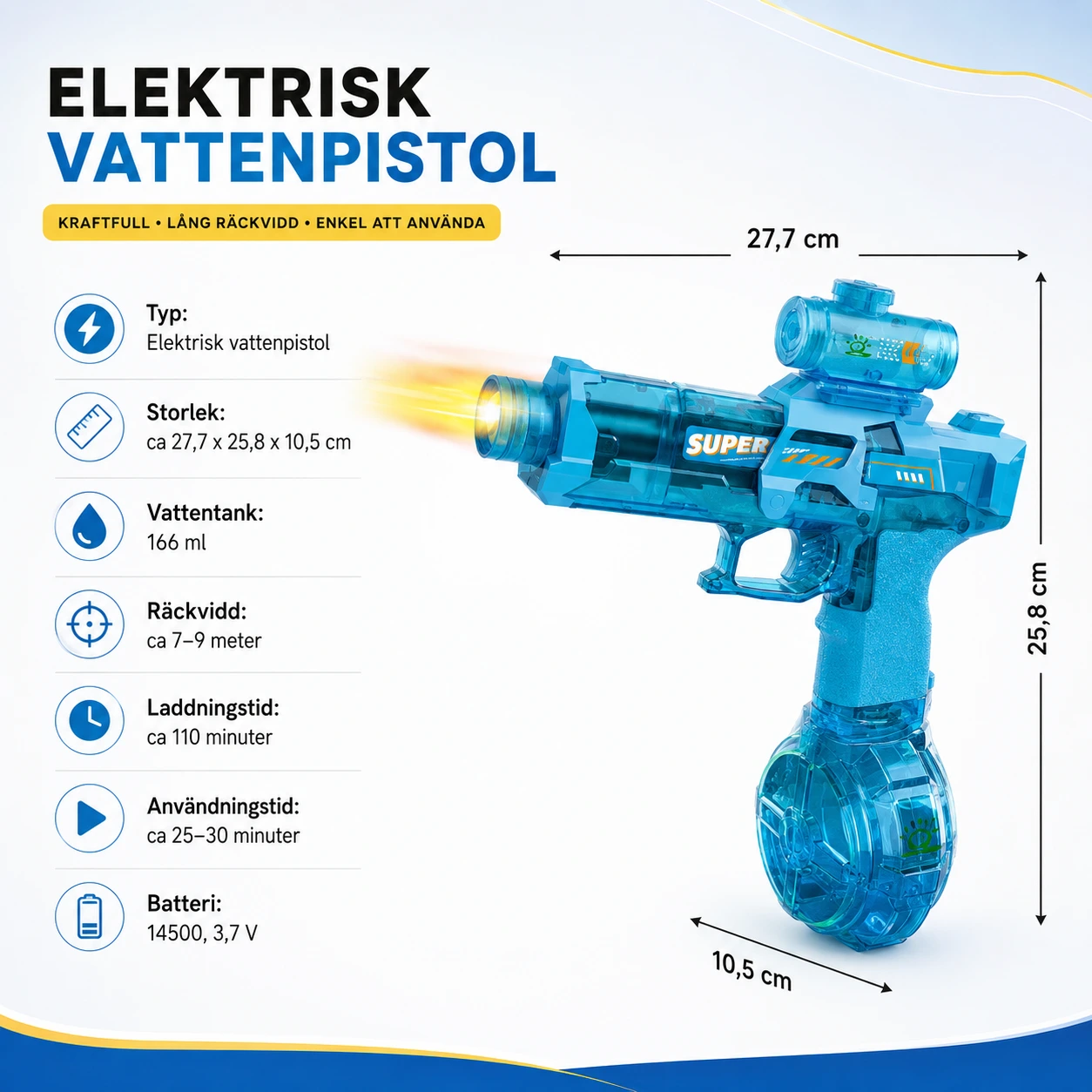 Elektrisk vattenpistol med ljuseffekt och USB-C-laddning