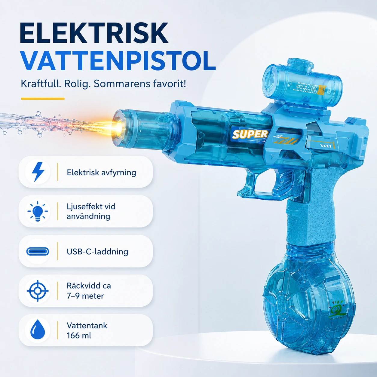 Elektrisk vattenpistol med ljuseffekt och USB-C-laddning