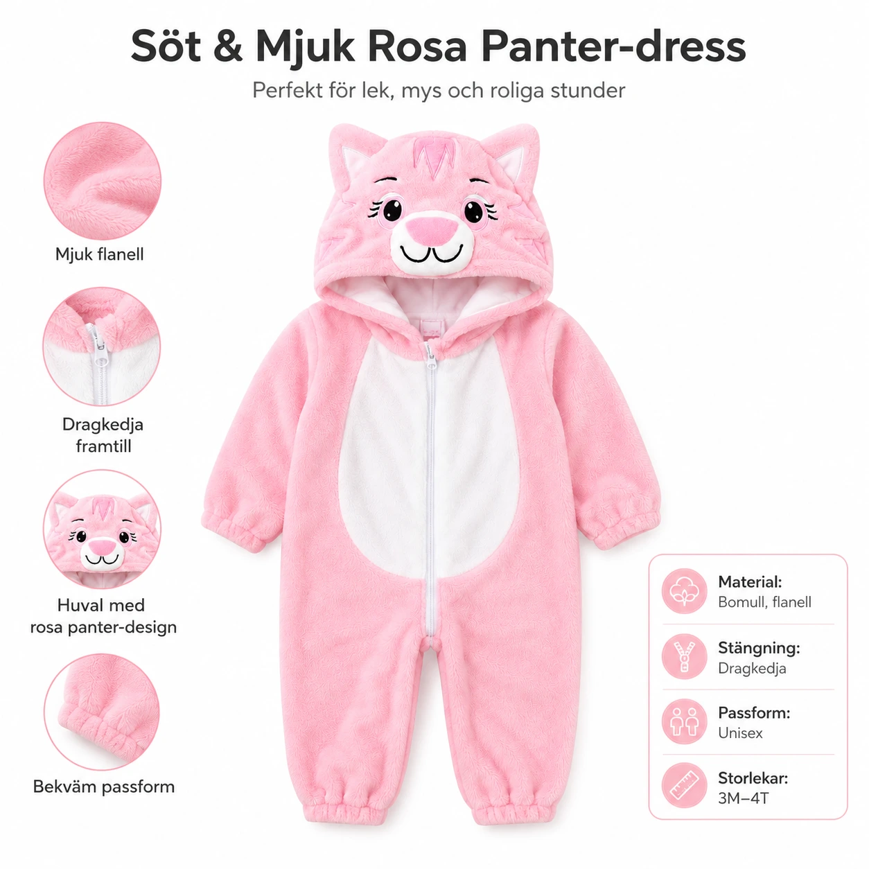 Rosa Panter Maskeraddräkt för Barn – Mjuk Onesie med Huva