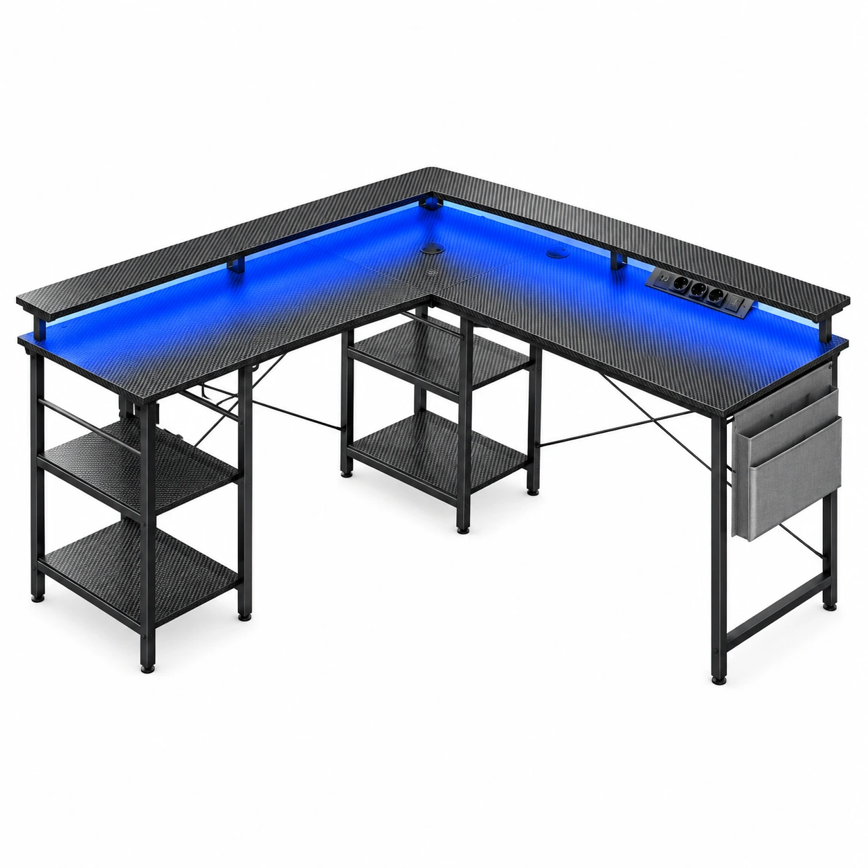 L-muotoinen pelipöytä RGB-valaistuksella ja pistorasioilla