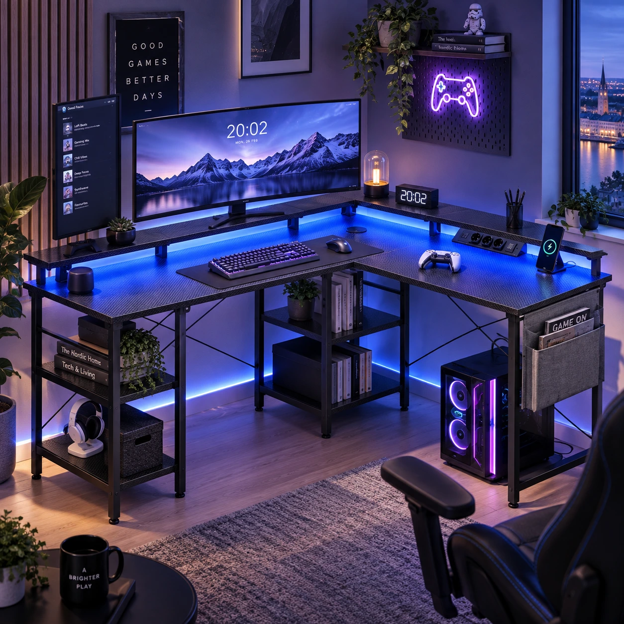 L-muotoinen pelipöytä RGB-valaistuksella ja pistorasioilla