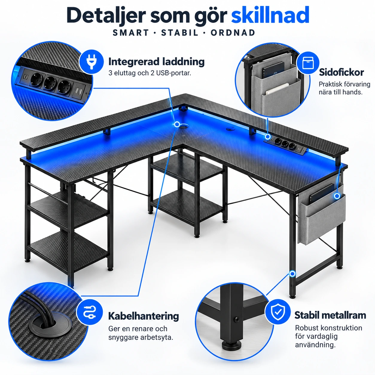 L-format gamingbord med RGB-belysning och eluttag