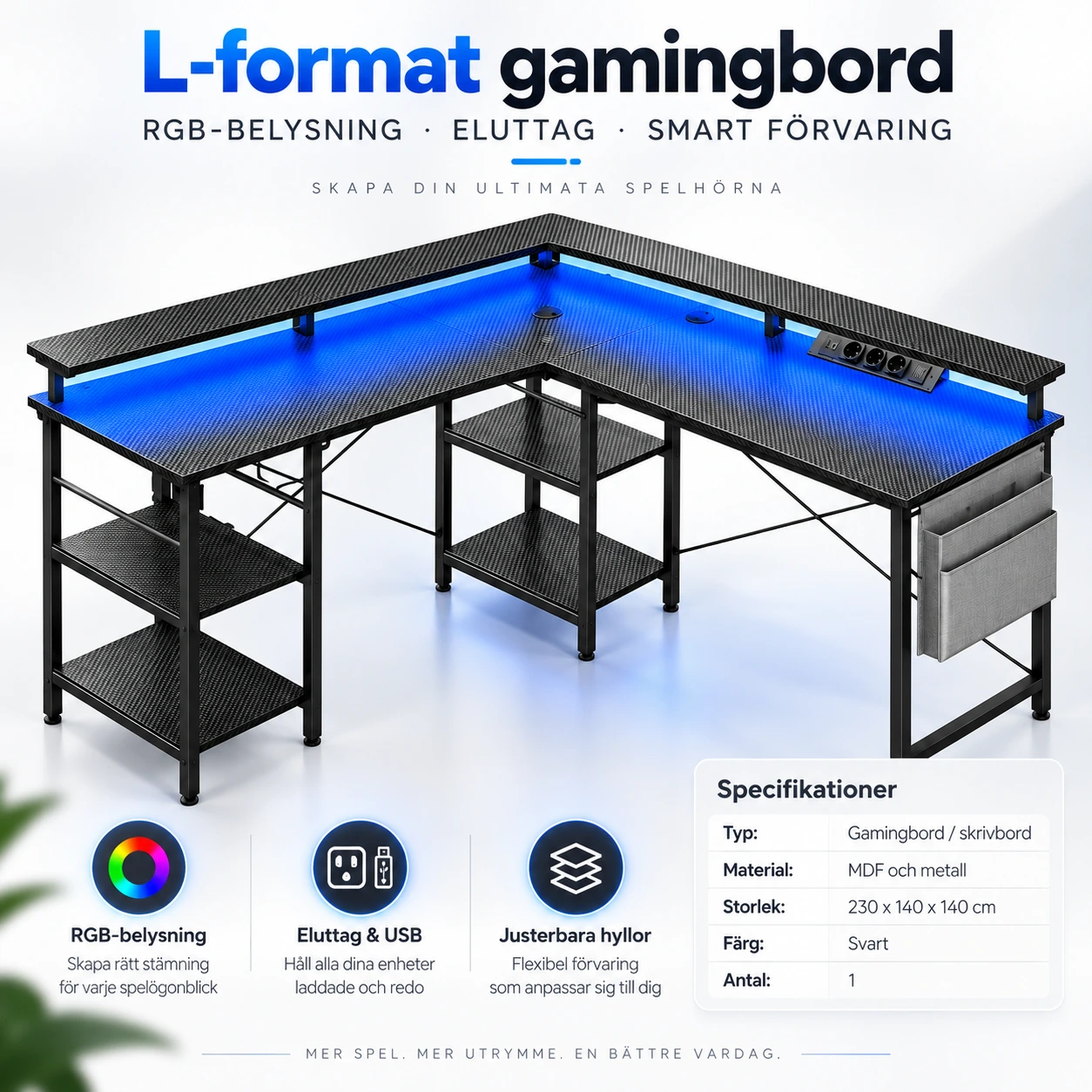 L-format gamingbord med RGB-belysning och eluttag
