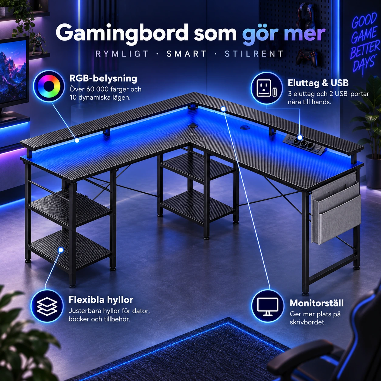 L-muotoinen pelipöytä RGB-valaistuksella ja pistorasioilla