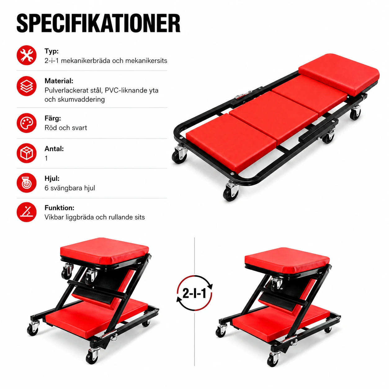 Mekanikerbräda 2-i-1 med hjul och vikbar sittdel