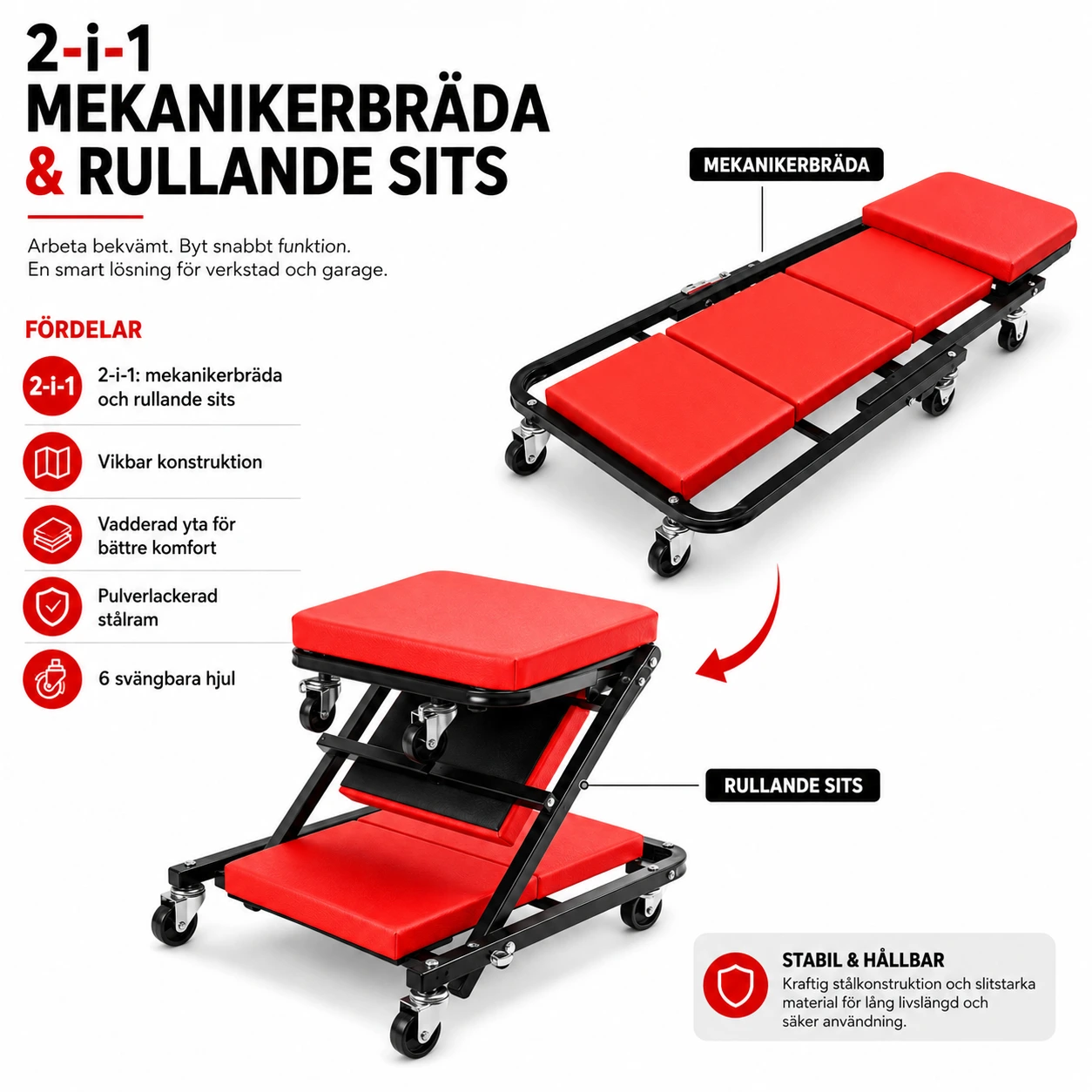 Mekanikerbräda 2-i-1 med hjul och vikbar sittdel