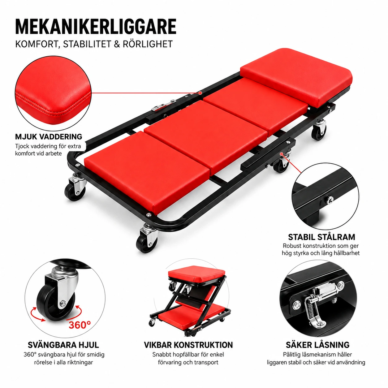 Mekanikerbräda 2-i-1 med hjul och vikbar sittdel