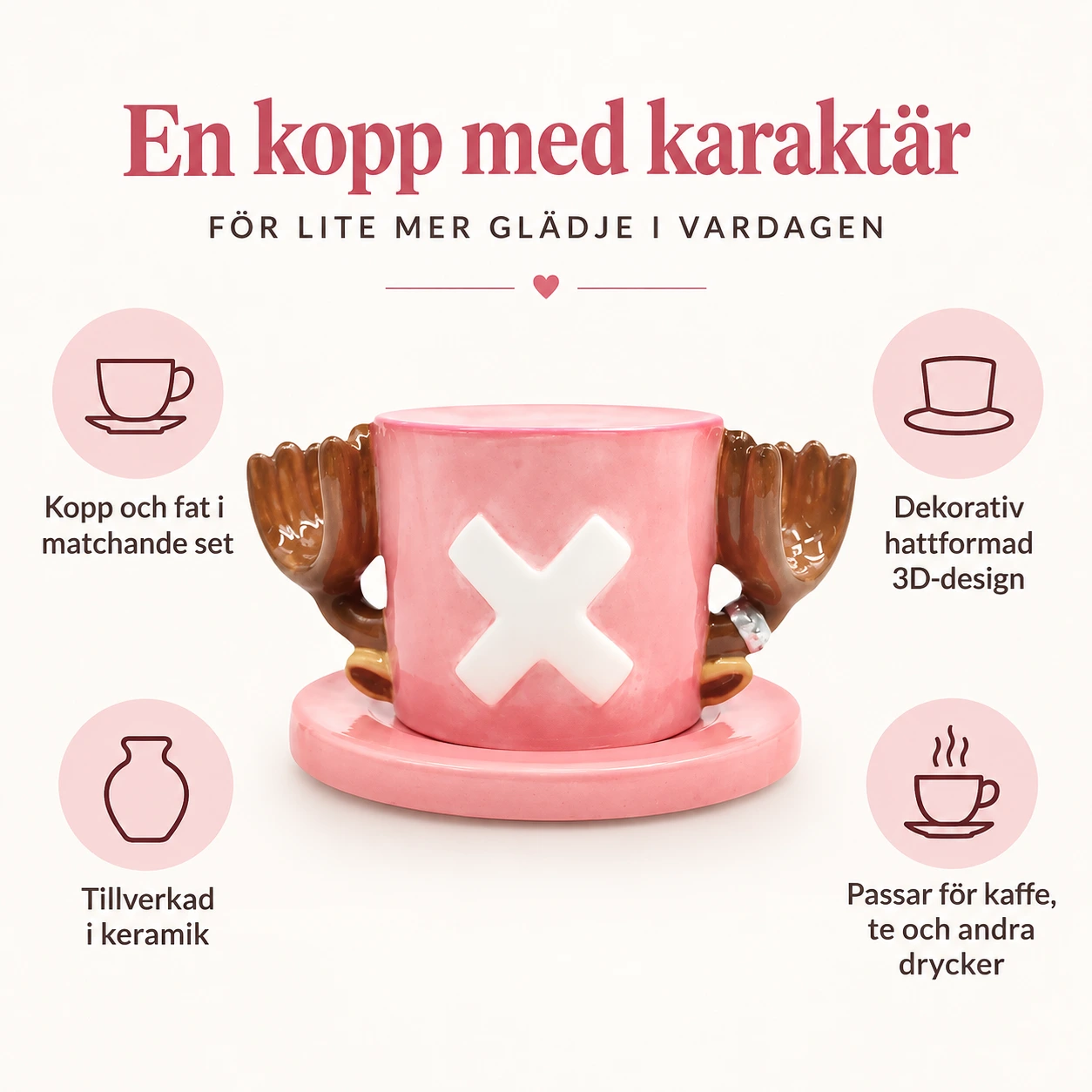 Rosa Mössa Keramikmugg med Horn och Fat