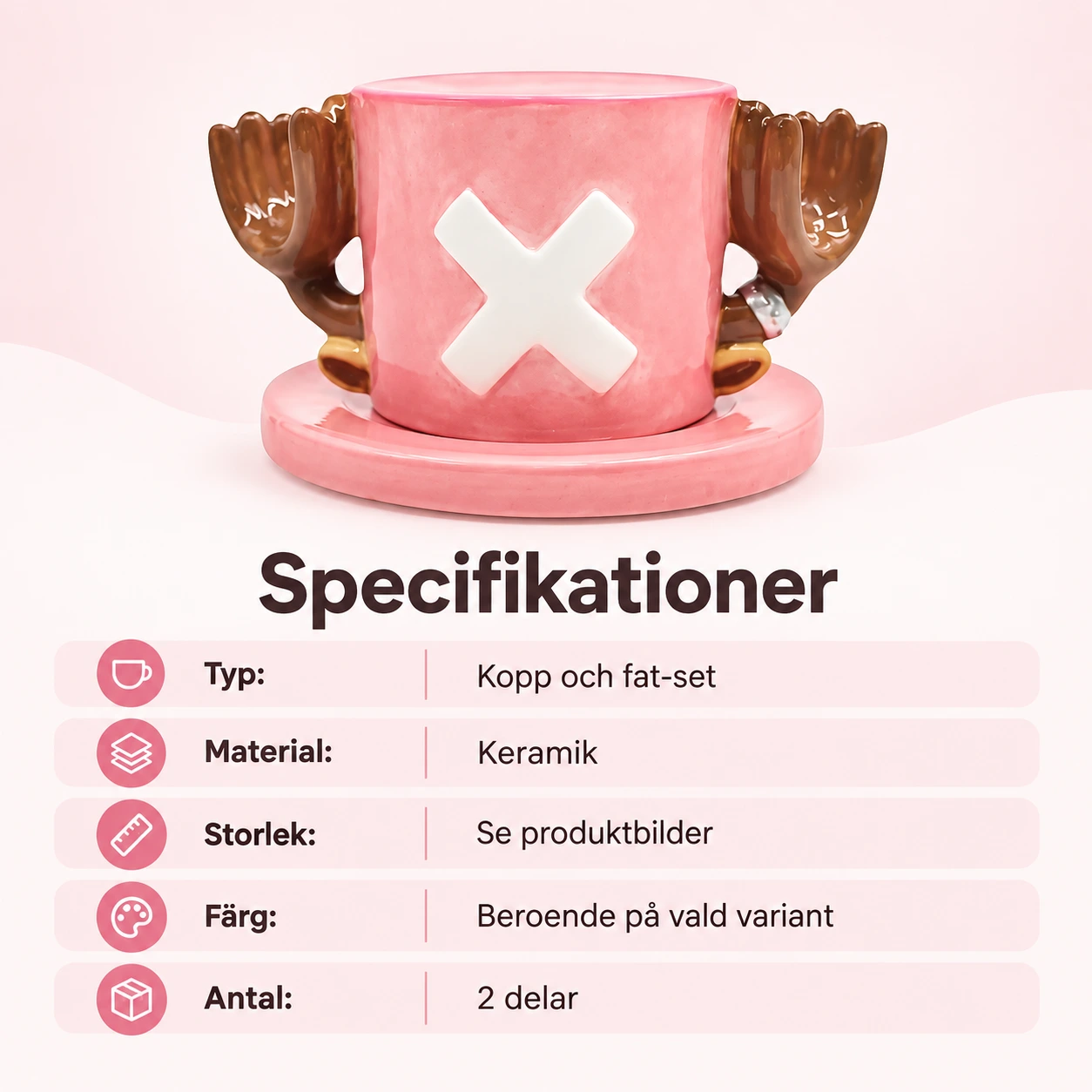 Rosa Mössa Keramikmugg med Horn och Fat