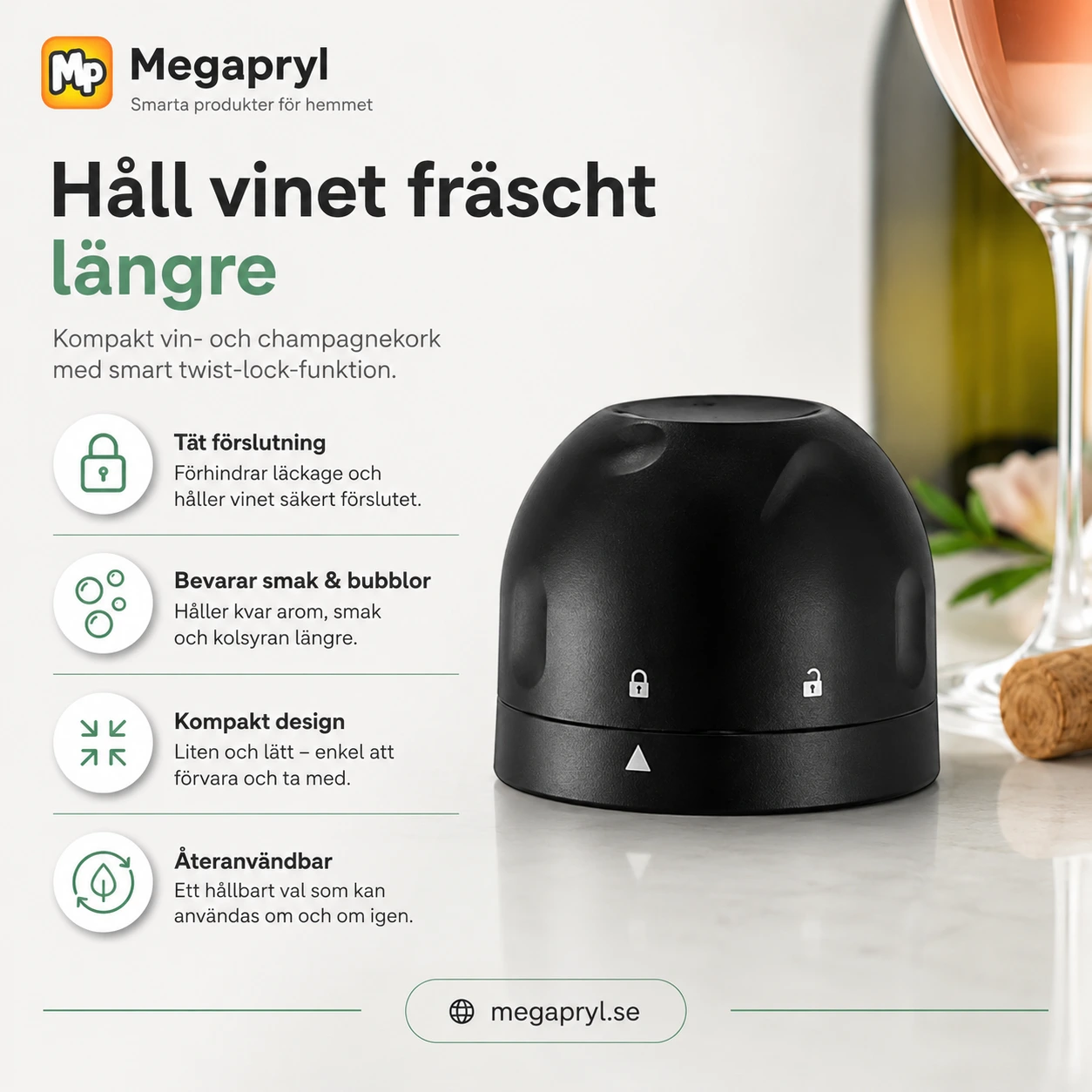 Vinpropp med Vridlock för Vin och Champagne