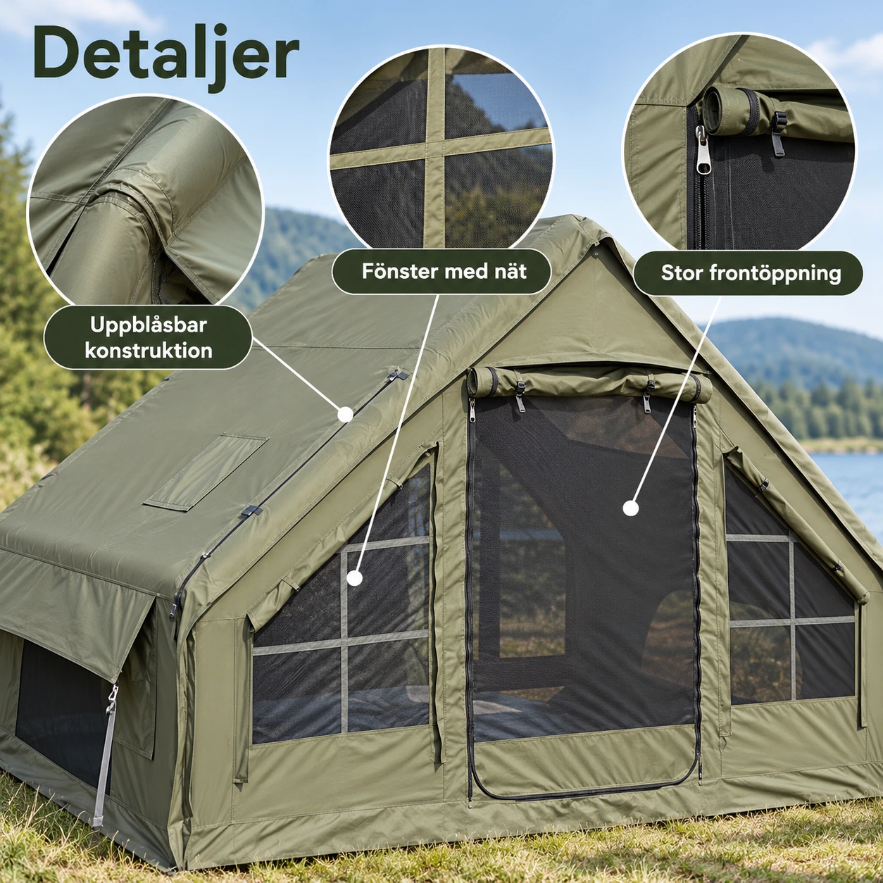 Uppblåsbart campingtält med handpump och förvaringsväska