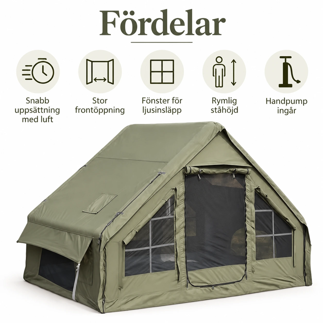 Uppblåsbart campingtält med handpump och förvaringsväska