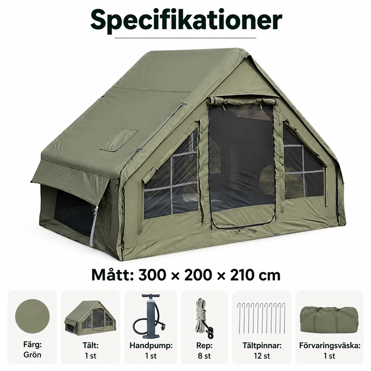 Uppblåsbart campingtält med handpump och förvaringsväska