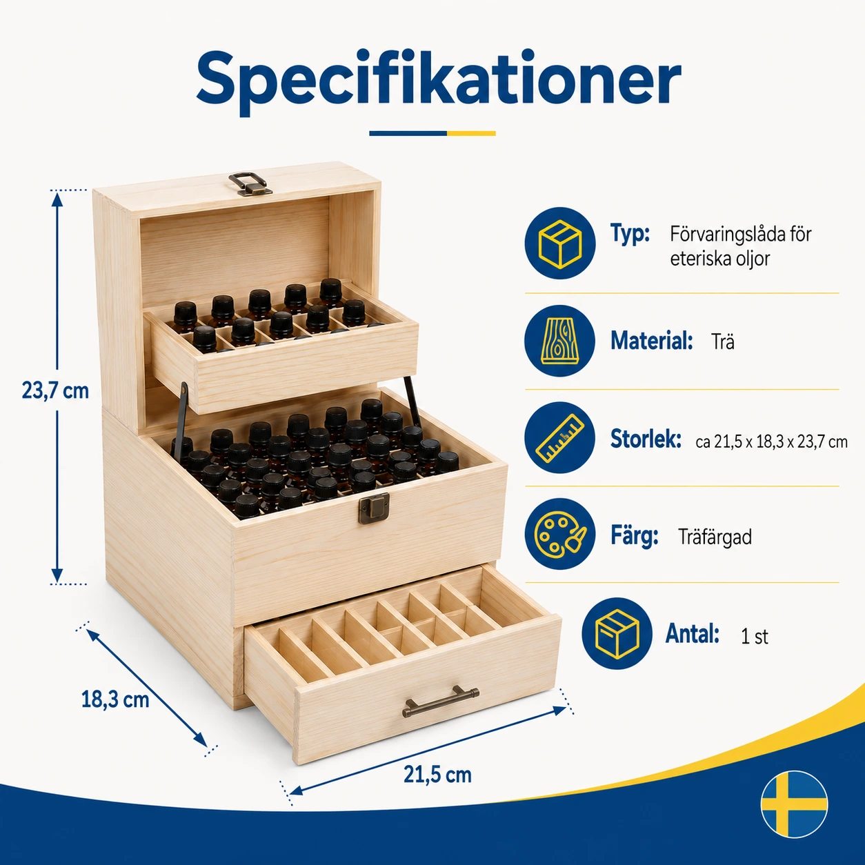 Förvaringslåda för eteriska oljor i trä med 3 nivåer