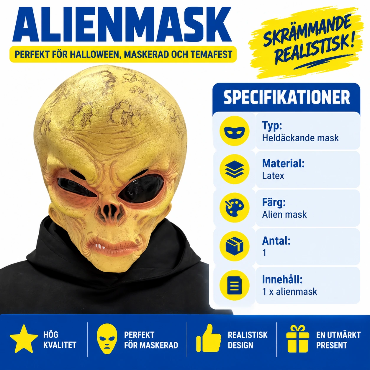Alienmask för cosplay och halloween i latex