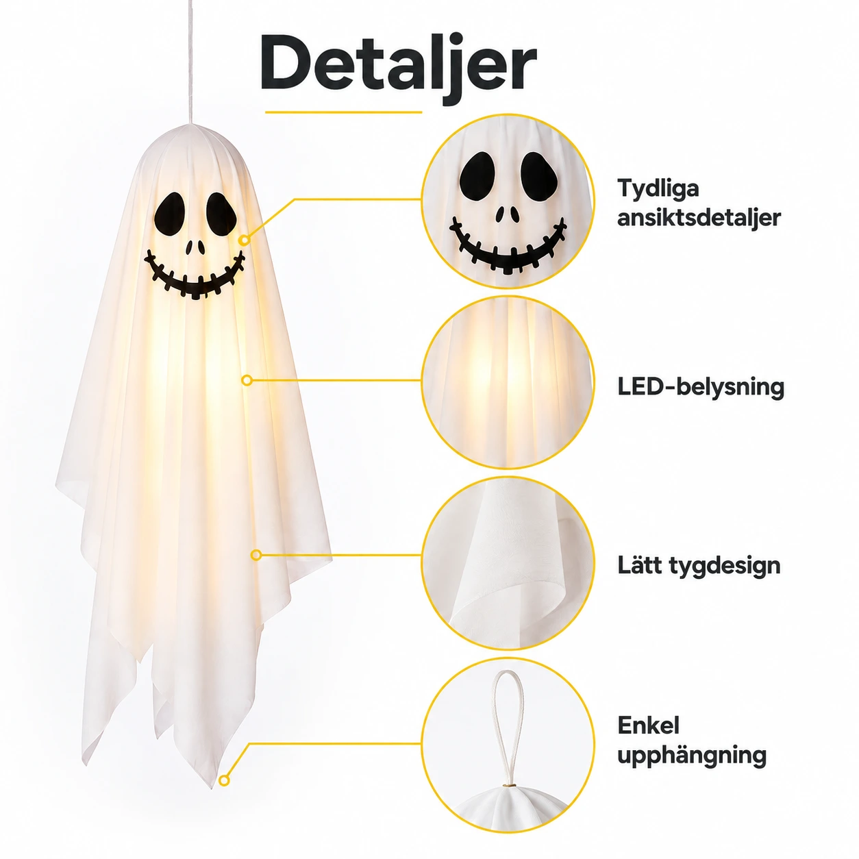 Hängande spöke med LED-ljus för halloween
